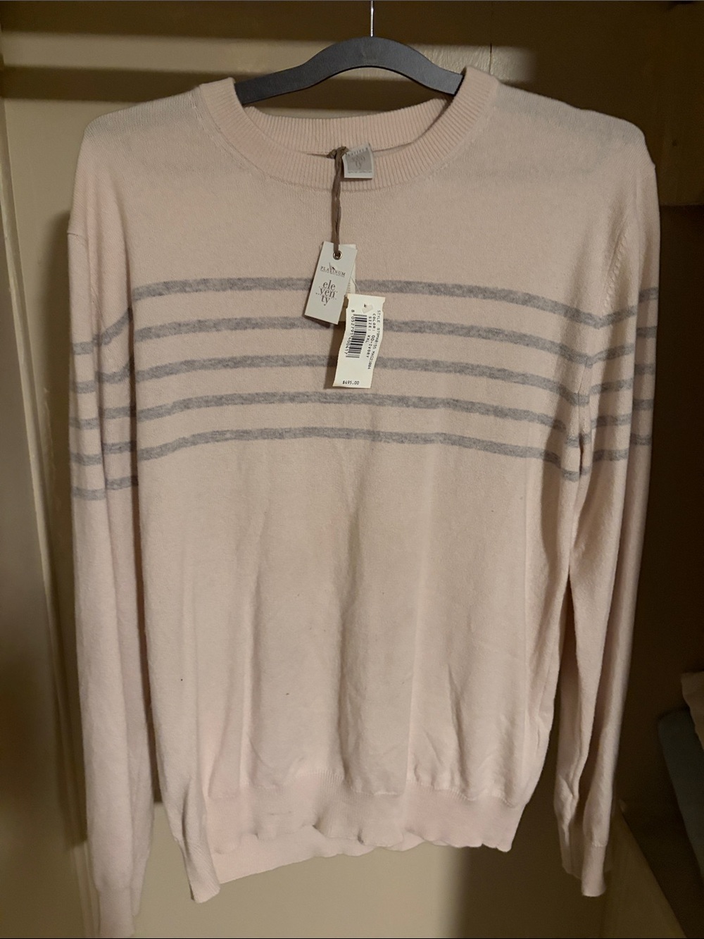 Eleventy Ivory Crewneck Sweater with Gray Stripes